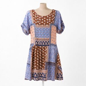 Floral Patchwork Puff Sleeve Mini Wrap Dress‎ Size S Cottagecore Indie Artsy Y2K
